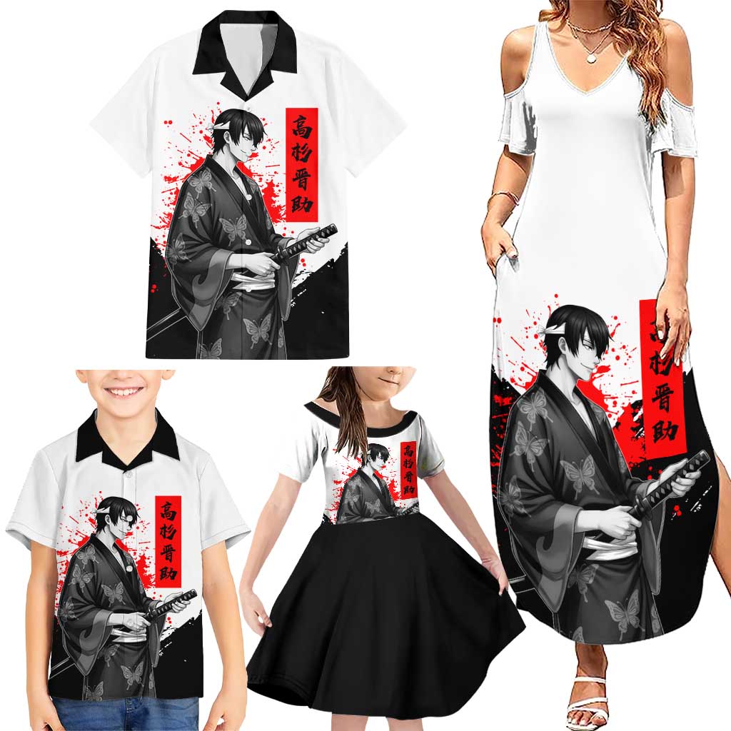 Shinsuke Takasugi Gintama Samurai Design Family Matching Summer Maxi Dress and Hawaiian Shirt with Katana, Red Calligraphy and Oni Mask Art