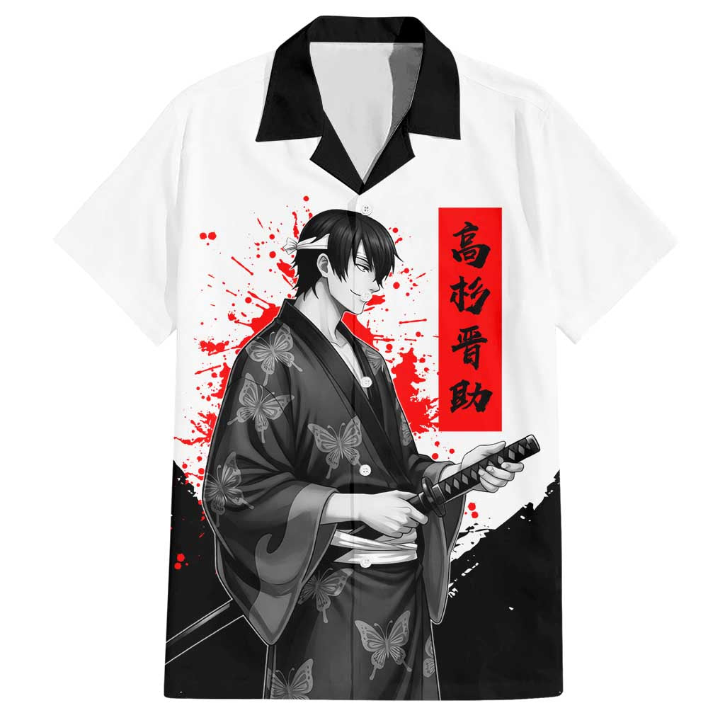Shinsuke Takasugi Gintama Samurai Design Hawaiian Shirt with Katana, Red Calligraphy and Oni Mask Art - The Mazicc