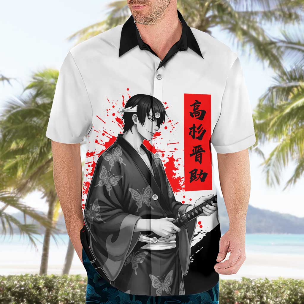 Shinsuke Takasugi Gintama Samurai Design Hawaiian Shirt with Katana, Red Calligraphy and Oni Mask Art - The Mazicc