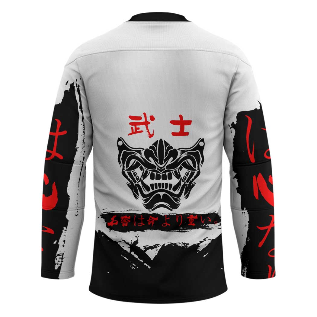 Shinsuke Takasugi Gintama Samurai Design Hockey Jersey with Katana, Red Calligraphy and Oni Mask Art - The Mazicc