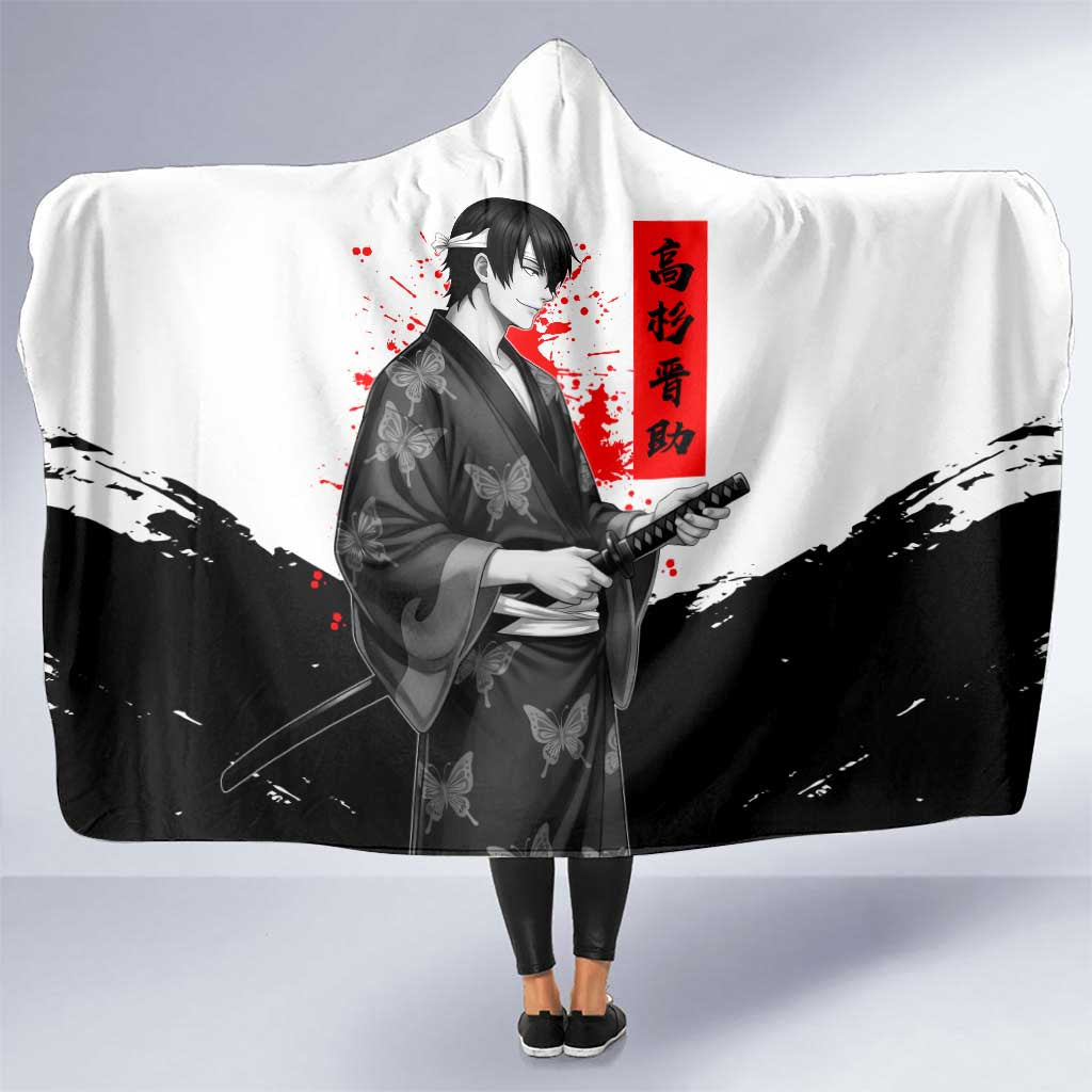 Shinsuke Takasugi Gintama Samurai Design Hooded Blanket with Katana, Red Calligraphy and Oni Mask Art - The Mazicc