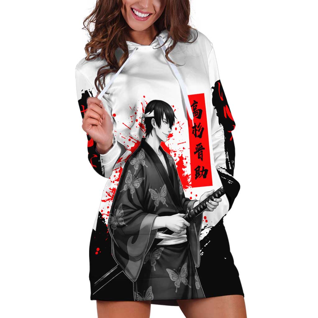Shinsuke Takasugi Gintama Samurai Design Hoodie Dress with Katana, Red Calligraphy and Oni Mask Art - The Mazicc