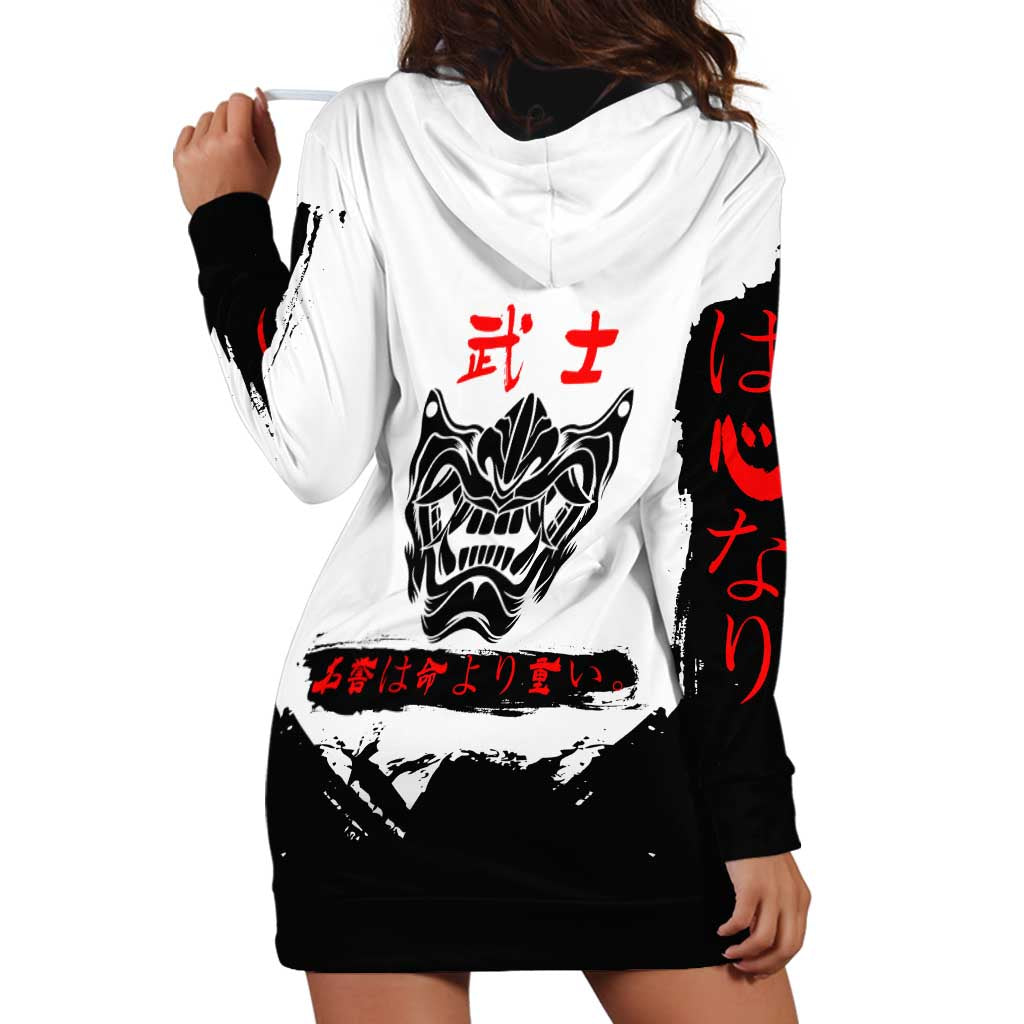 Shinsuke Takasugi Gintama Samurai Design Hoodie Dress with Katana, Red Calligraphy and Oni Mask Art - The Mazicc