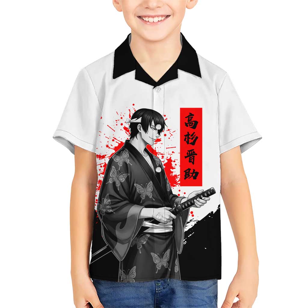 Shinsuke Takasugi Gintama Samurai Design Kid Hawaiian Shirt with Katana, Red Calligraphy and Oni Mask Art - The Mazicc