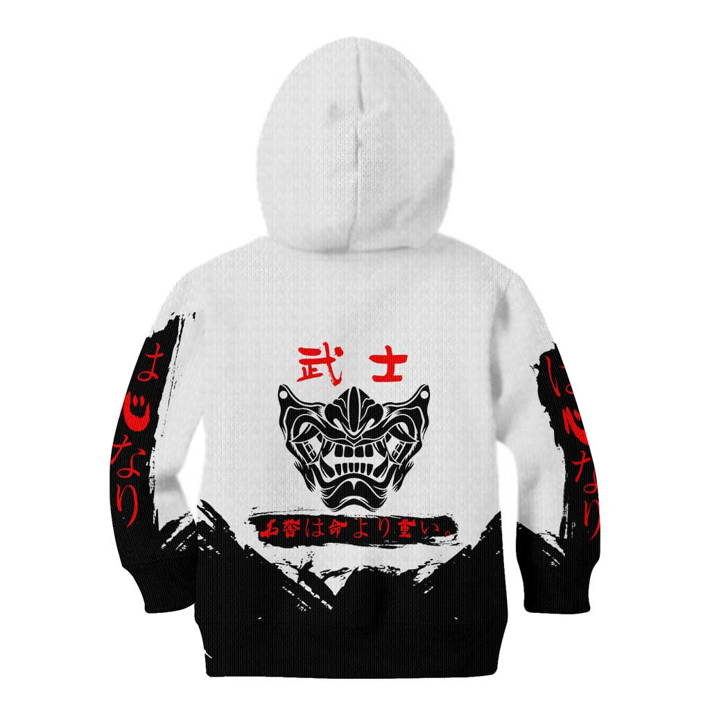 Shinsuke Takasugi Gintama Samurai Design Kid Hoodie with Katana, Red Calligraphy and Oni Mask Art - The Mazicc