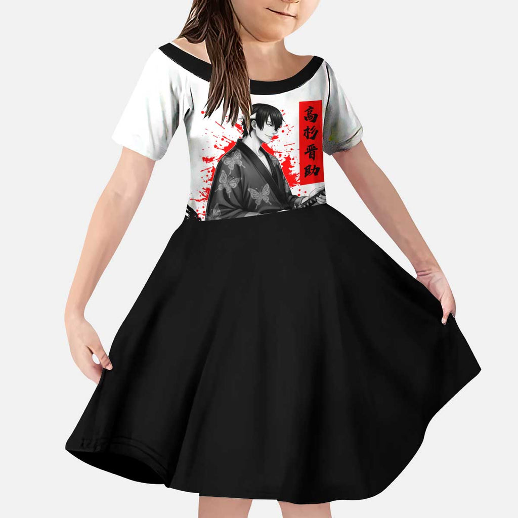 Shinsuke Takasugi Gintama Samurai Design Kid Short Sleeve Dress with Katana, Red Calligraphy and Oni Mask Art - The Mazicc