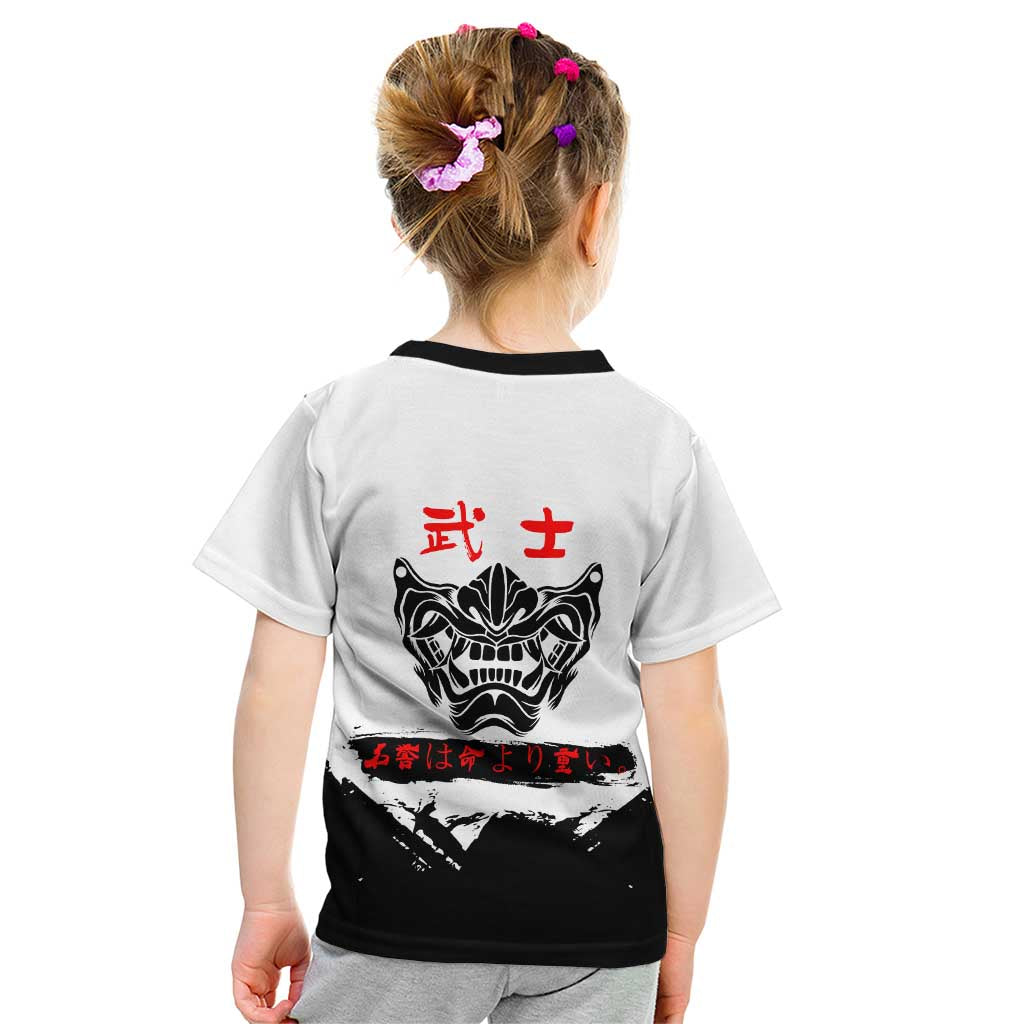 Shinsuke Takasugi Gintama Samurai Design Kid T Shirt with Katana, Red Calligraphy and Oni Mask Art - The Mazicc