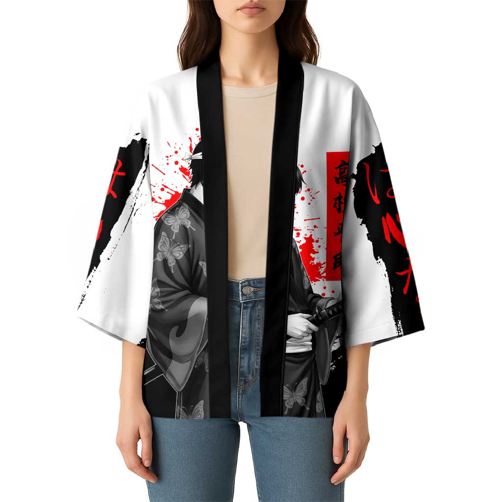 Shinsuke Takasugi Gintama Samurai Design Kimono with Katana, Red Calligraphy and Oni Mask Art - The Mazicc