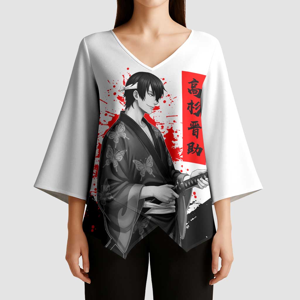 Shinsuke Takasugi Gintama Samurai Design Kimono Sleeve Blouse with Katana, Red Calligraphy and Oni Mask Art - The Mazicc