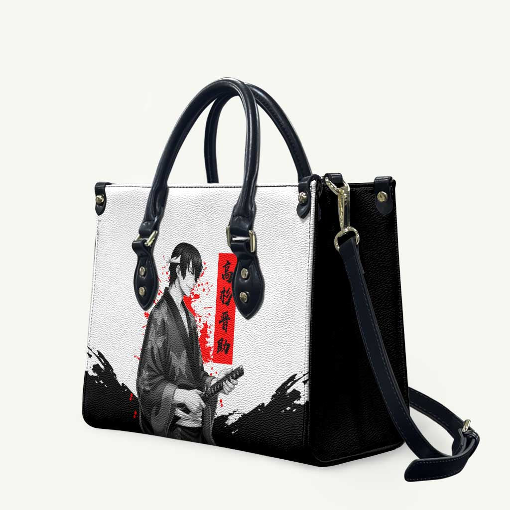 Shinsuke Takasugi Gintama Samurai Design Leather Bag with Katana, Red Calligraphy and Oni Mask Art - The Mazicc