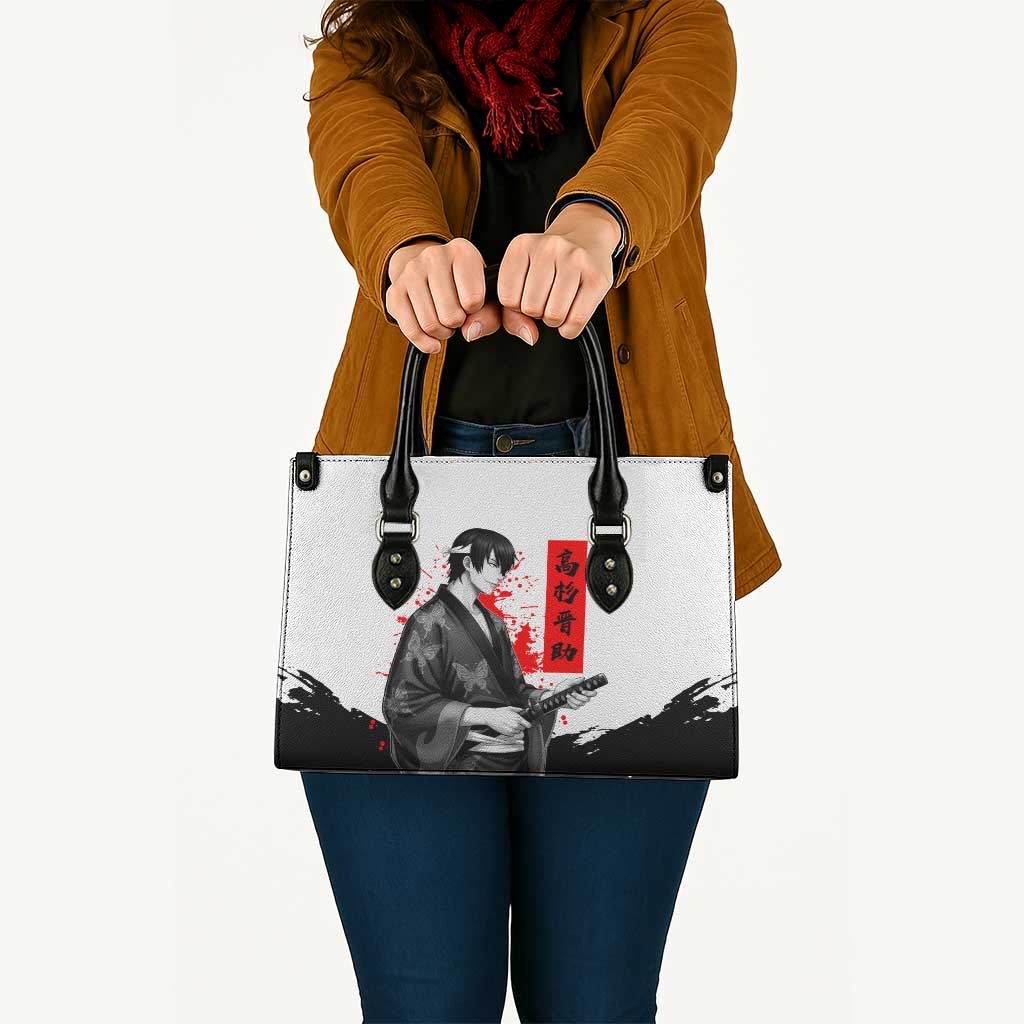 Shinsuke Takasugi Gintama Samurai Design Leather Bag with Katana, Red Calligraphy and Oni Mask Art - The Mazicc