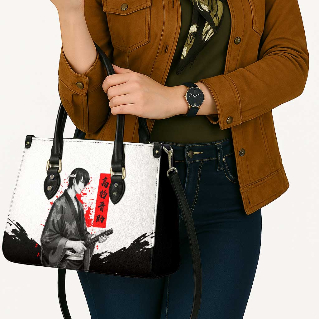 Shinsuke Takasugi Gintama Samurai Design Leather Bag with Katana, Red Calligraphy and Oni Mask Art - The Mazicc
