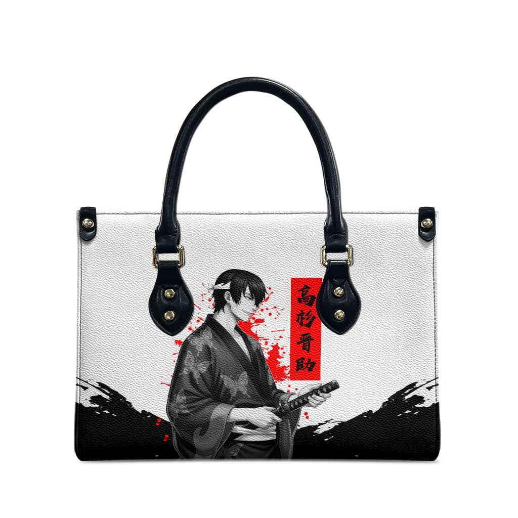 Shinsuke Takasugi Gintama Samurai Design Leather Bag with Katana, Red Calligraphy and Oni Mask Art - The Mazicc