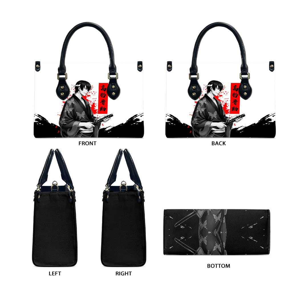 Shinsuke Takasugi Gintama Samurai Design Leather Bag with Katana, Red Calligraphy and Oni Mask Art - The Mazicc