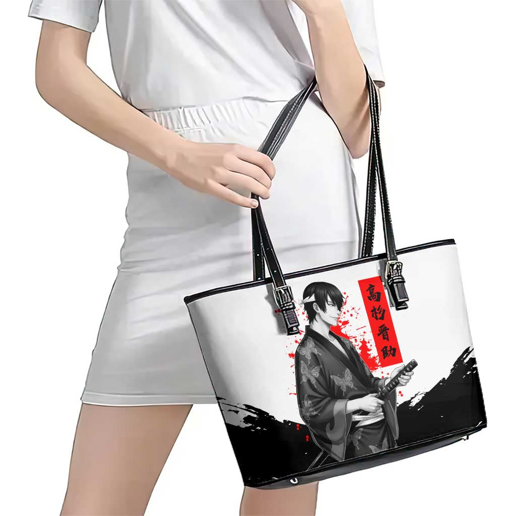 Shinsuke Takasugi Gintama Samurai Design Leather Tote Bag with Katana, Red Calligraphy and Oni Mask Art - The Mazicc