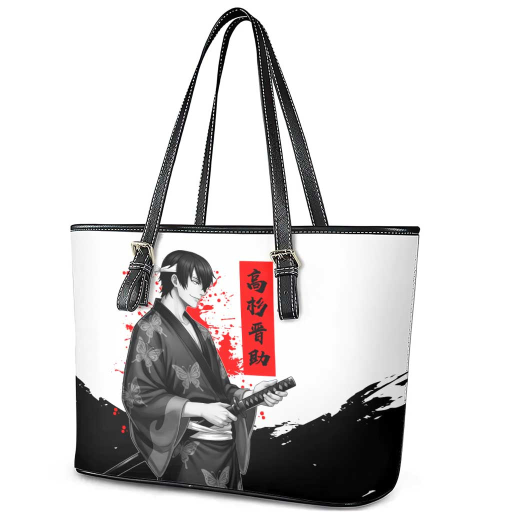 Shinsuke Takasugi Gintama Samurai Design Leather Tote Bag with Katana, Red Calligraphy and Oni Mask Art - The Mazicc