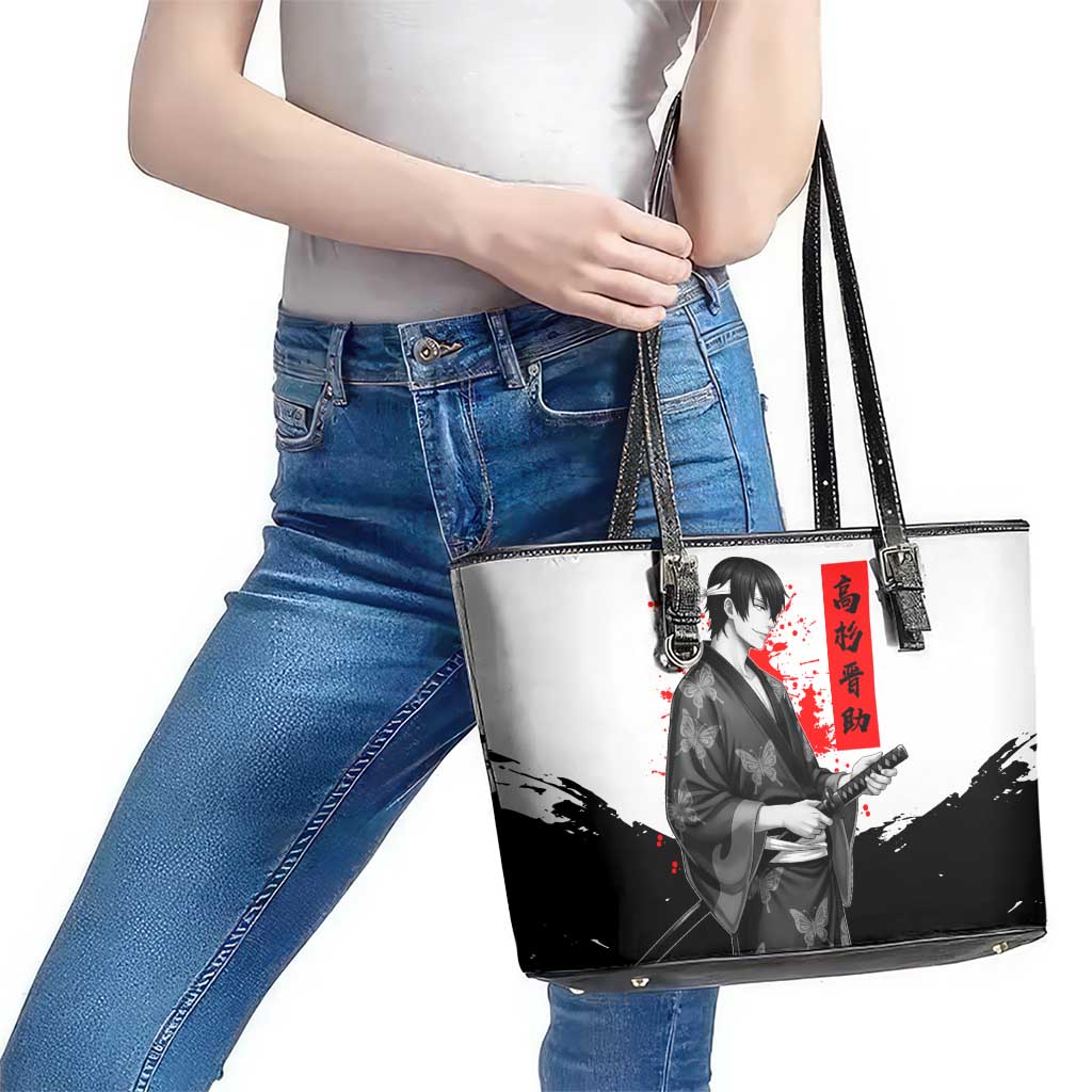 Shinsuke Takasugi Gintama Samurai Design Leather Tote Bag with Katana, Red Calligraphy and Oni Mask Art - The Mazicc