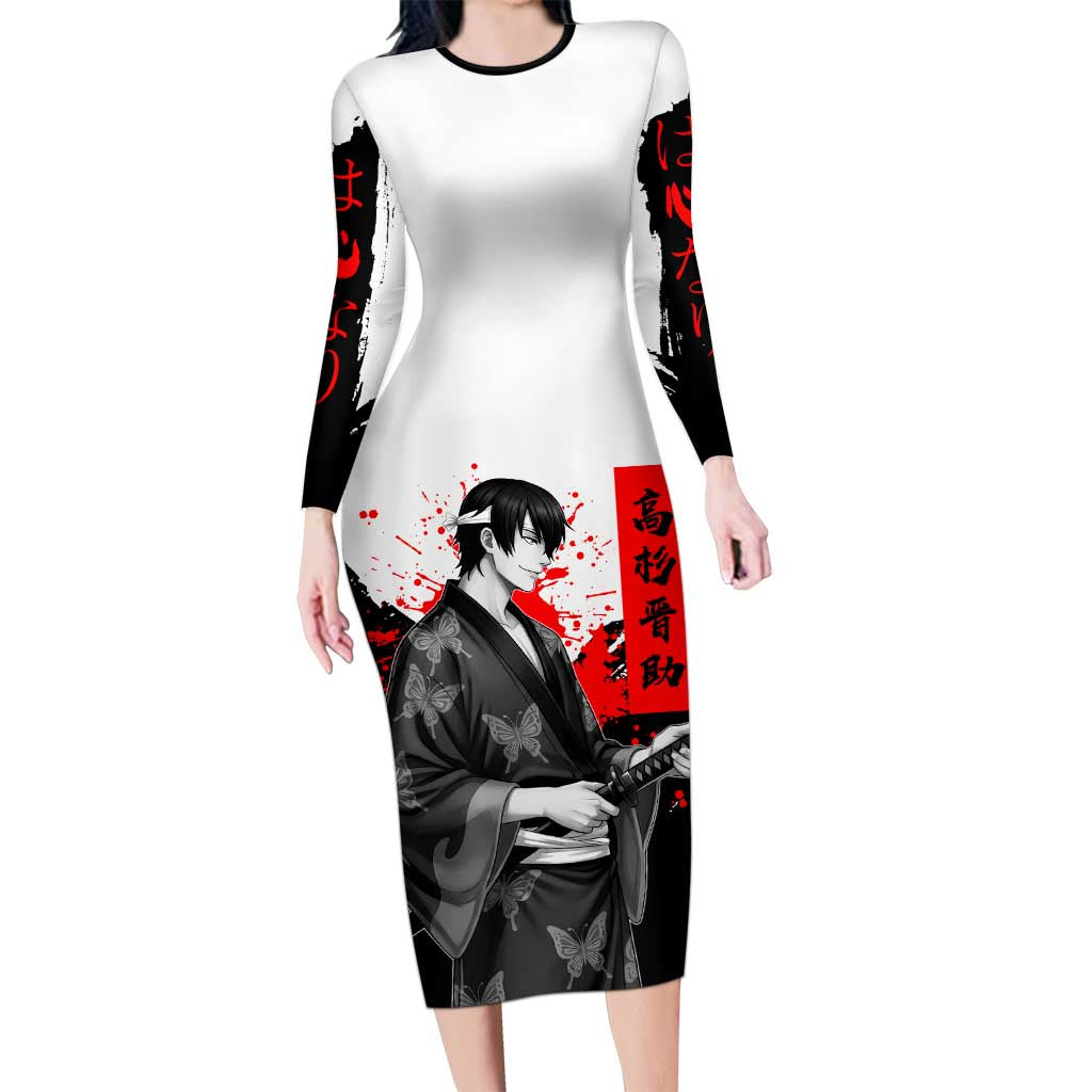 Shinsuke Takasugi Gintama Samurai Design Long Sleeve Bodycon Dress with Katana, Red Calligraphy and Oni Mask Art - The Mazicc