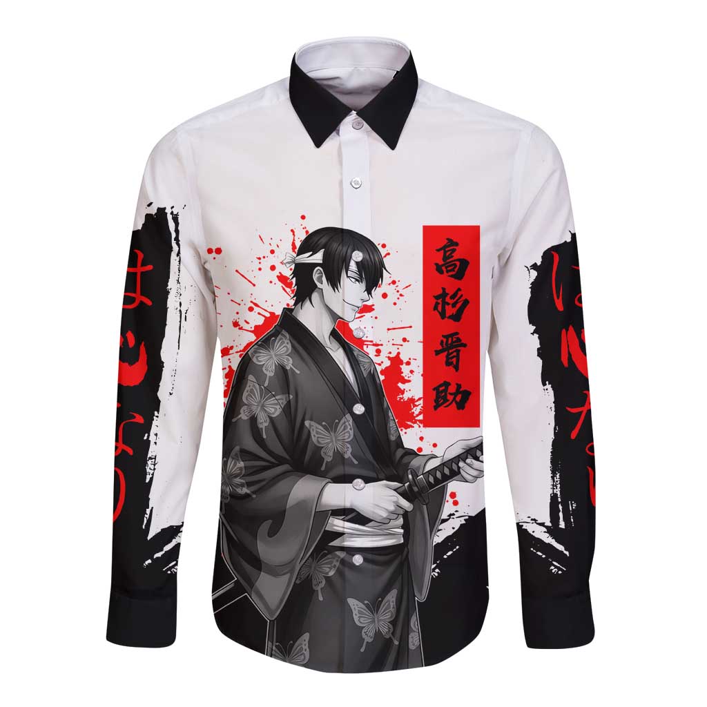 Shinsuke Takasugi Gintama Samurai Design Long Sleeve Button Shirt with Katana, Red Calligraphy and Oni Mask Art - The Mazicc
