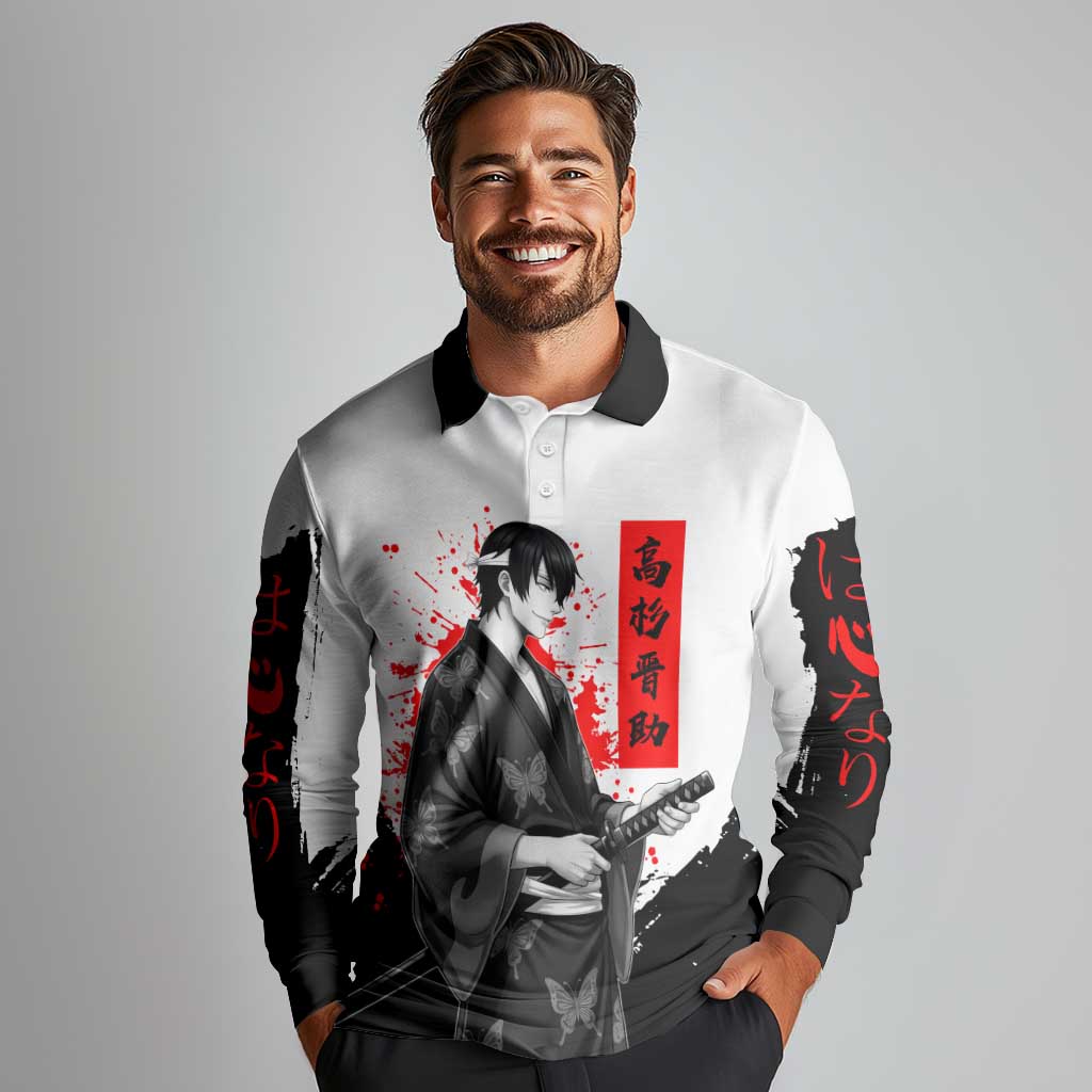 Shinsuke Takasugi Gintama Samurai Design Long Sleeve Polo Shirt with Katana, Red Calligraphy and Oni Mask Art - The Mazicc