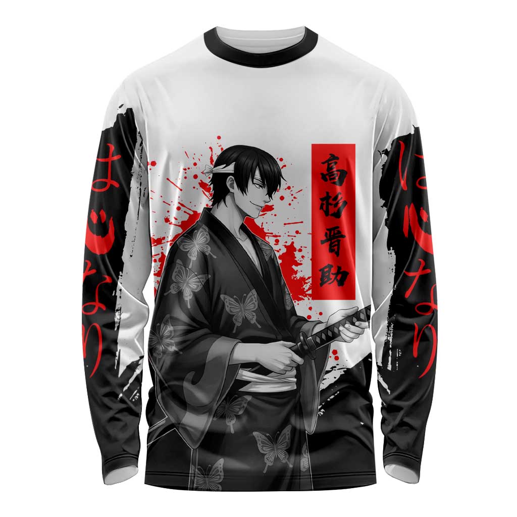 Shinsuke Takasugi Gintama Samurai Design Long Sleeve Shirt with Katana, Red Calligraphy and Oni Mask Art - The Mazicc