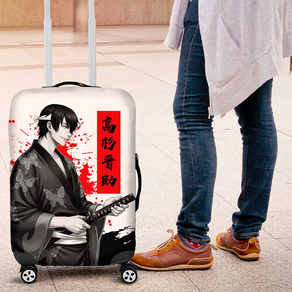 Shinsuke Takasugi Gintama Samurai Design Luggage Cover with Katana, Red Calligraphy and Oni Mask Art - The Mazicc