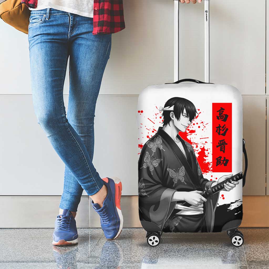 Shinsuke Takasugi Gintama Samurai Design Luggage Cover with Katana, Red Calligraphy and Oni Mask Art - The Mazicc