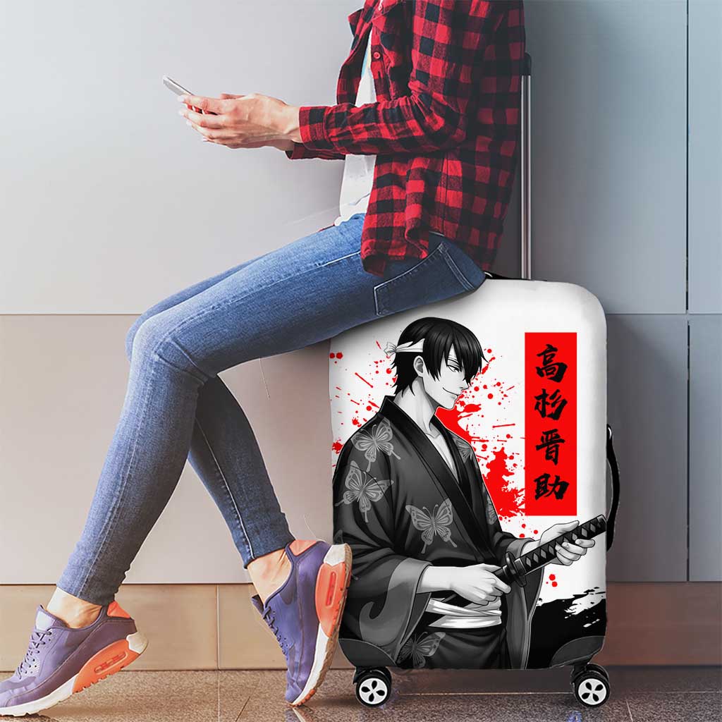 Shinsuke Takasugi Gintama Samurai Design Luggage Cover with Katana, Red Calligraphy and Oni Mask Art - The Mazicc