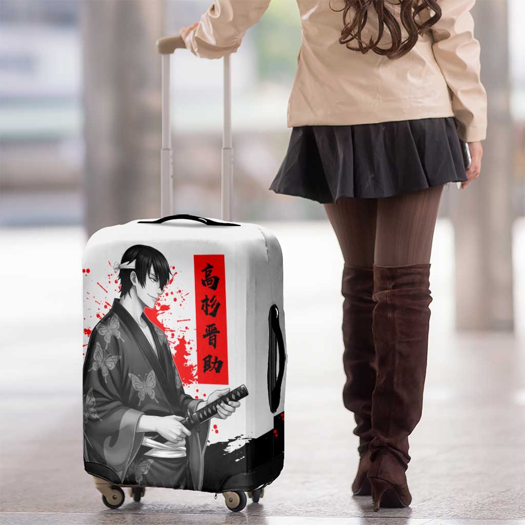 Shinsuke Takasugi Gintama Samurai Design Luggage Cover with Katana, Red Calligraphy and Oni Mask Art - The Mazicc