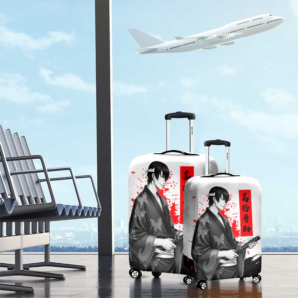 Shinsuke Takasugi Gintama Samurai Design Luggage Cover with Katana, Red Calligraphy and Oni Mask Art - The Mazicc