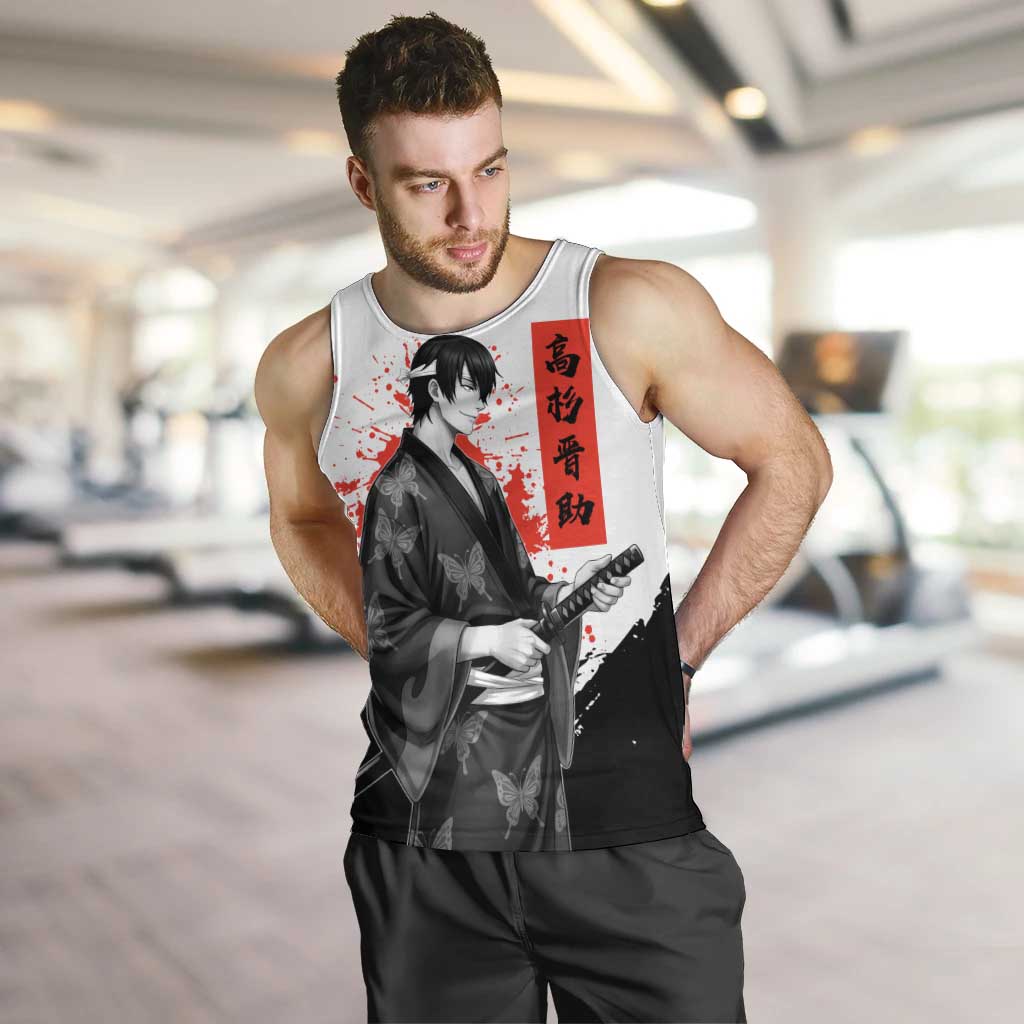 Shinsuke Takasugi Gintama Samurai Design Men Tank Top with Katana, Red Calligraphy and Oni Mask Art - The Mazicc