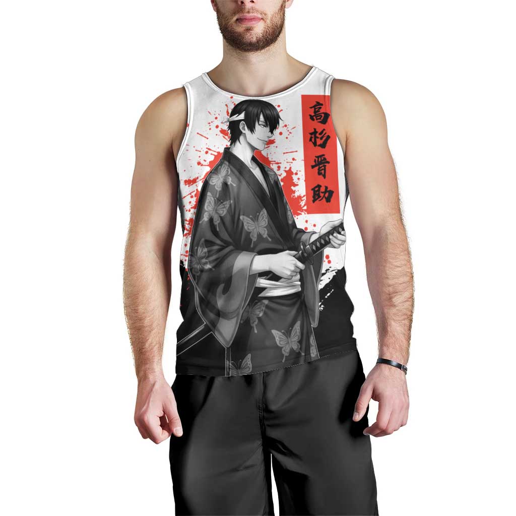 Shinsuke Takasugi Gintama Samurai Design Men Tank Top with Katana, Red Calligraphy and Oni Mask Art - The Mazicc