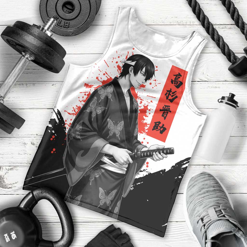 Shinsuke Takasugi Gintama Samurai Design Men Tank Top with Katana, Red Calligraphy and Oni Mask Art - The Mazicc