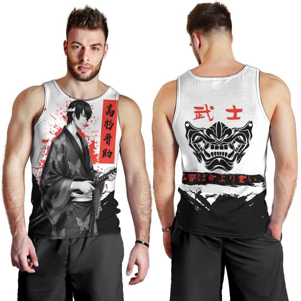 Shinsuke Takasugi Gintama Samurai Design Men Tank Top with Katana, Red Calligraphy and Oni Mask Art - The Mazicc