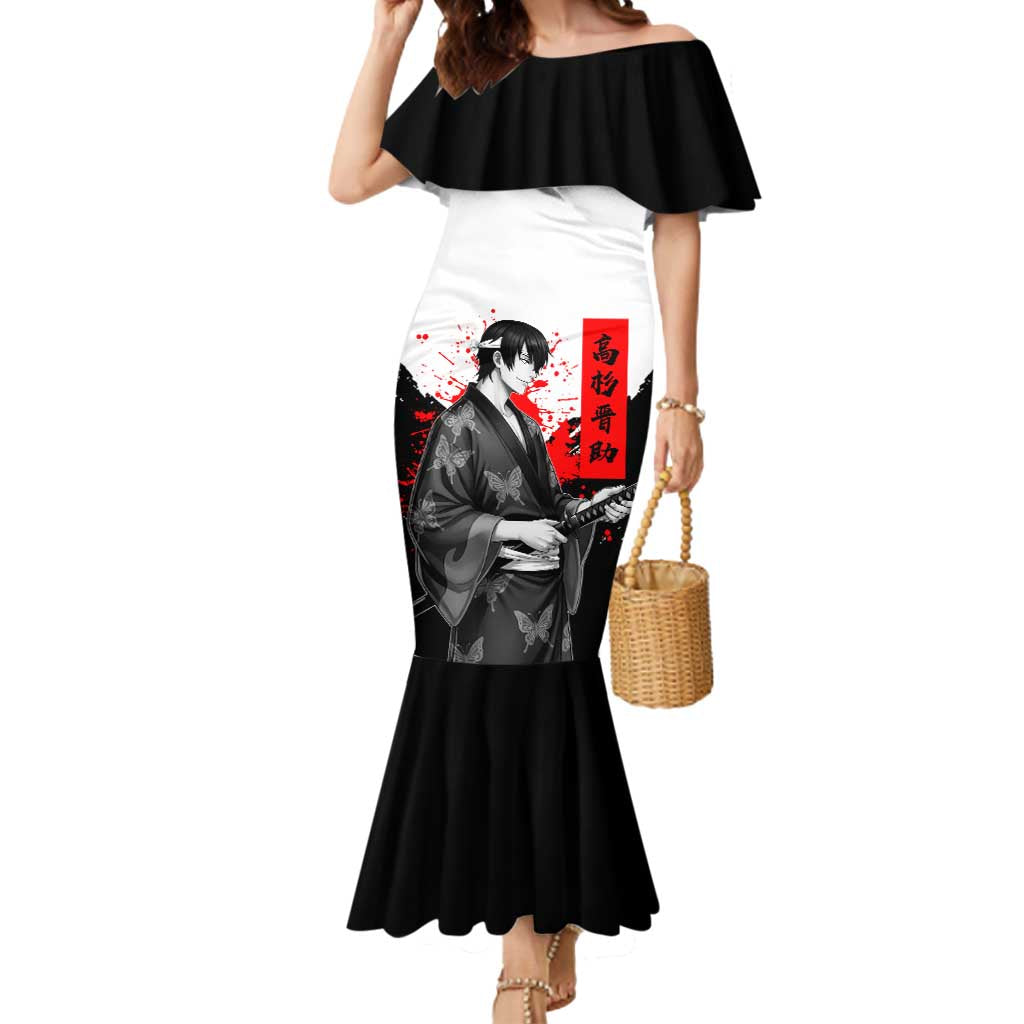 Shinsuke Takasugi Gintama Samurai Design Mermaid Dress with Katana, Red Calligraphy and Oni Mask Art - The Mazicc