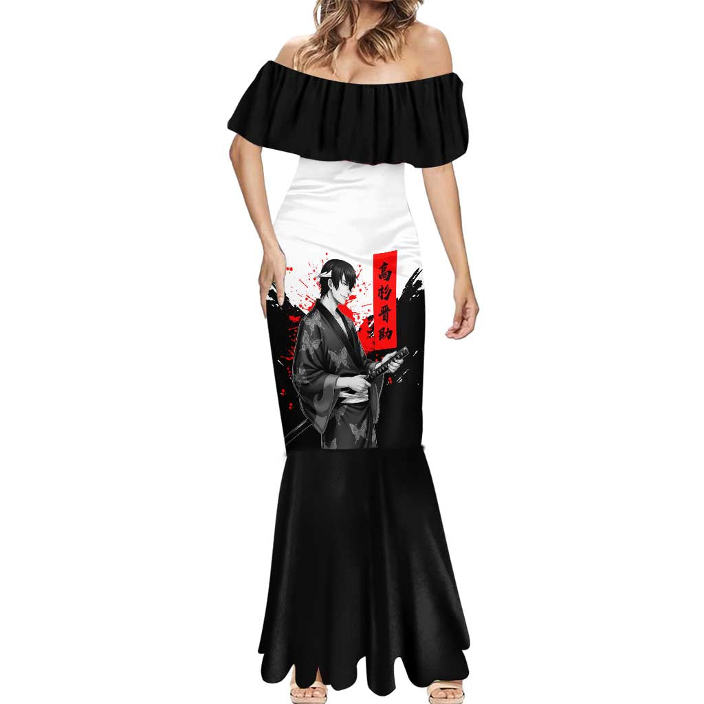 Shinsuke Takasugi Gintama Samurai Design Mermaid Dress with Katana, Red Calligraphy and Oni Mask Art - The Mazicc