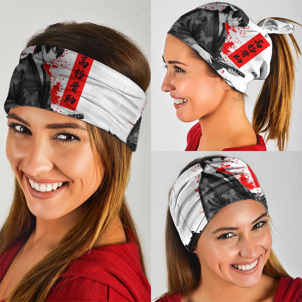 Shinsuke Takasugi Gintama Samurai Design Neck Gaiter with Katana, Red Calligraphy and Oni Mask Art - The Mazicc