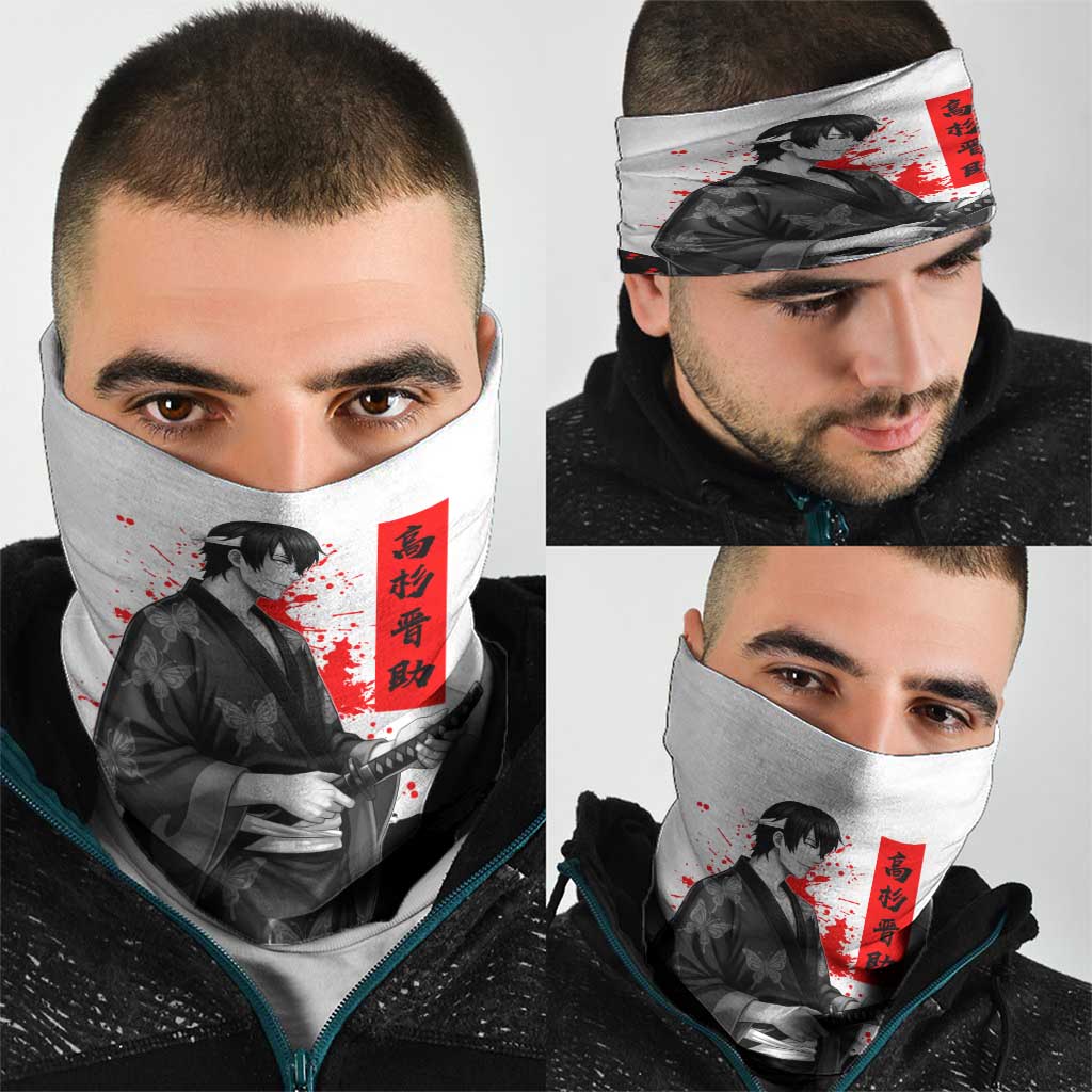 Shinsuke Takasugi Gintama Samurai Design Neck Gaiter with Katana, Red Calligraphy and Oni Mask Art - The Mazicc