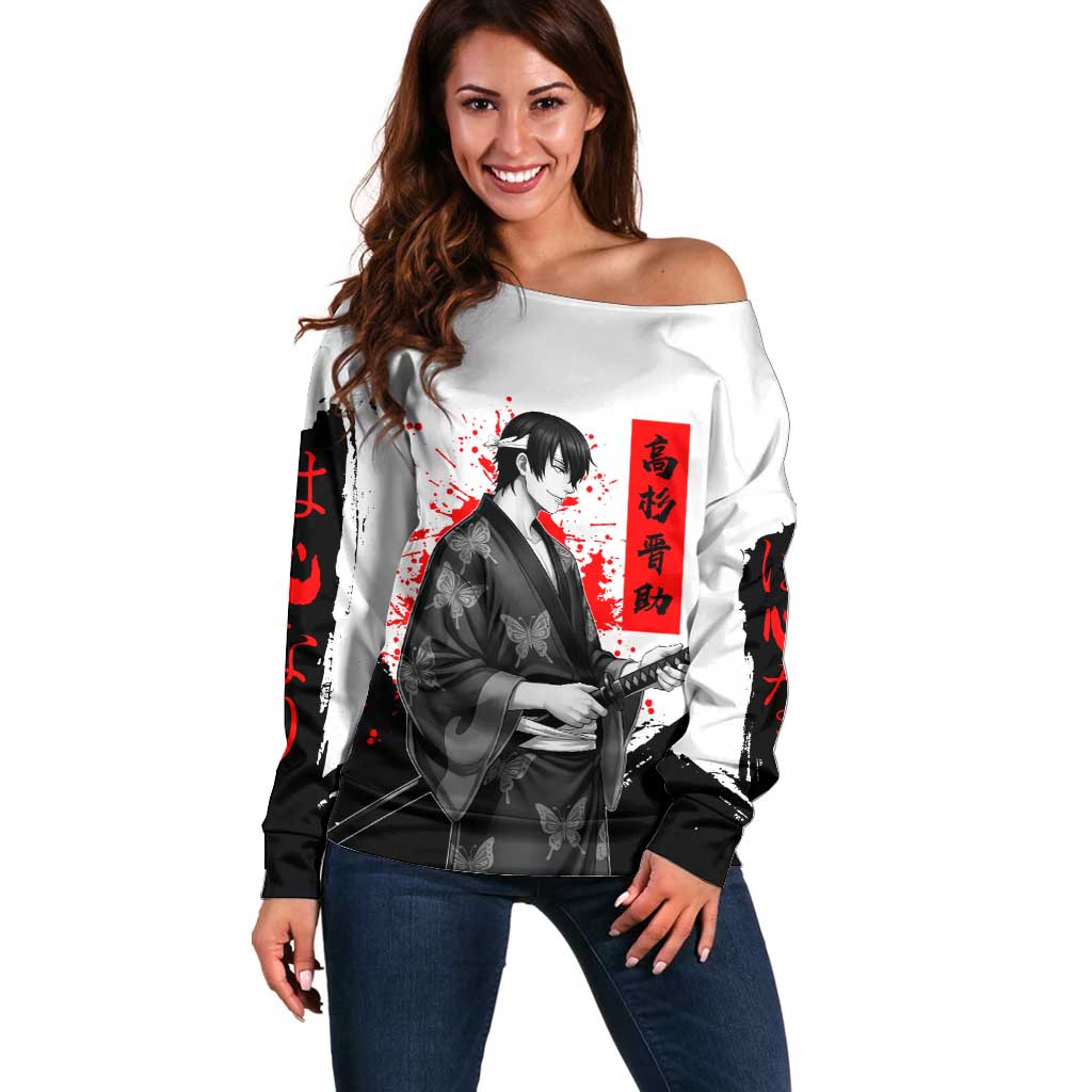 Shinsuke Takasugi Gintama Samurai Design Off Shoulder Sweater with Katana, Red Calligraphy and Oni Mask Art - The Mazicc
