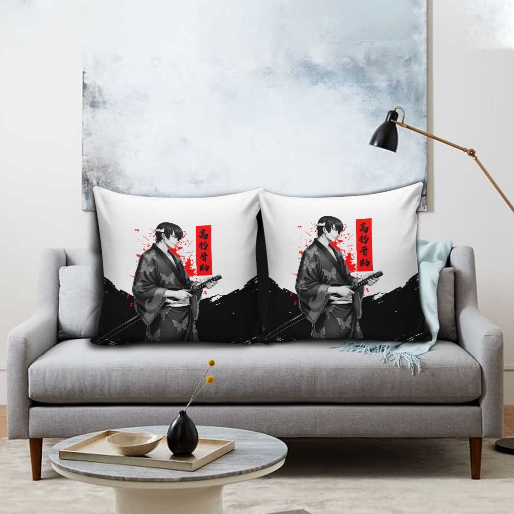 Shinsuke Takasugi Gintama Samurai Design Pillow Cover with Katana, Red Calligraphy and Oni Mask Art - The Mazicc