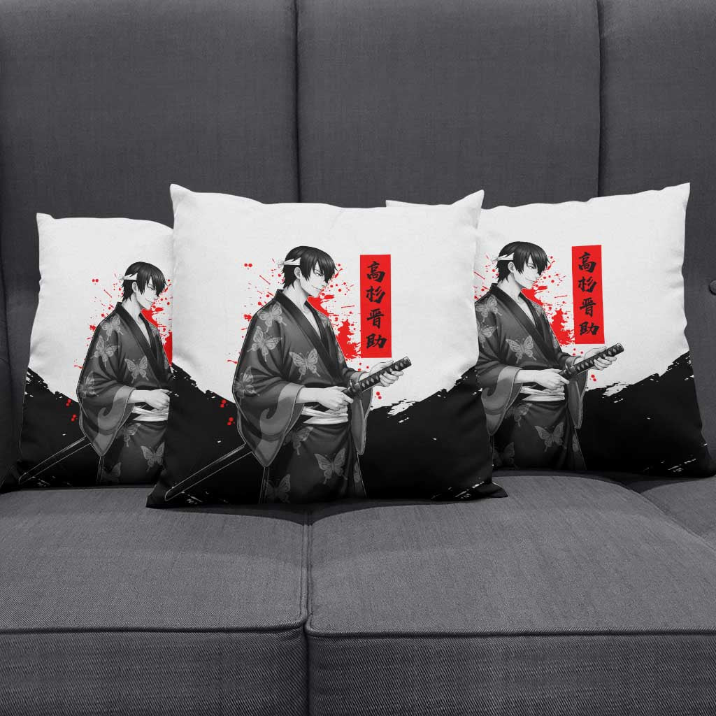 Shinsuke Takasugi Gintama Samurai Design Pillow Cover with Katana, Red Calligraphy and Oni Mask Art - The Mazicc