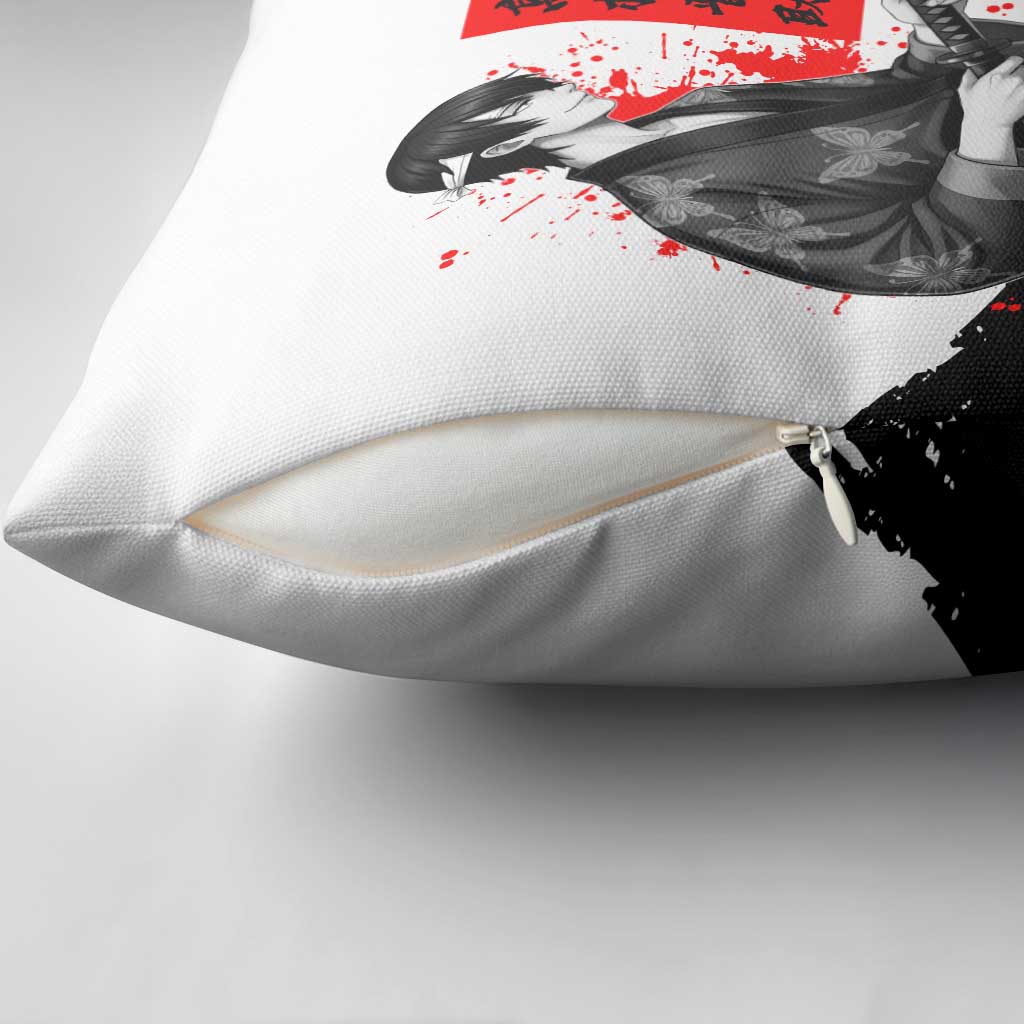 Shinsuke Takasugi Gintama Samurai Design Pillow Cover with Katana, Red Calligraphy and Oni Mask Art - The Mazicc