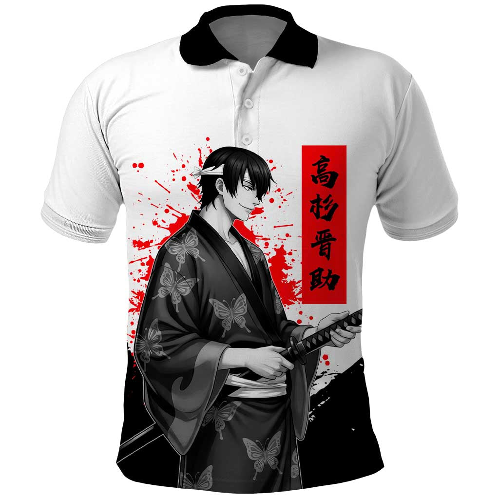 Shinsuke Takasugi Gintama Samurai Design Polo Shirt with Katana, Red Calligraphy and Oni Mask Art - The Mazicc