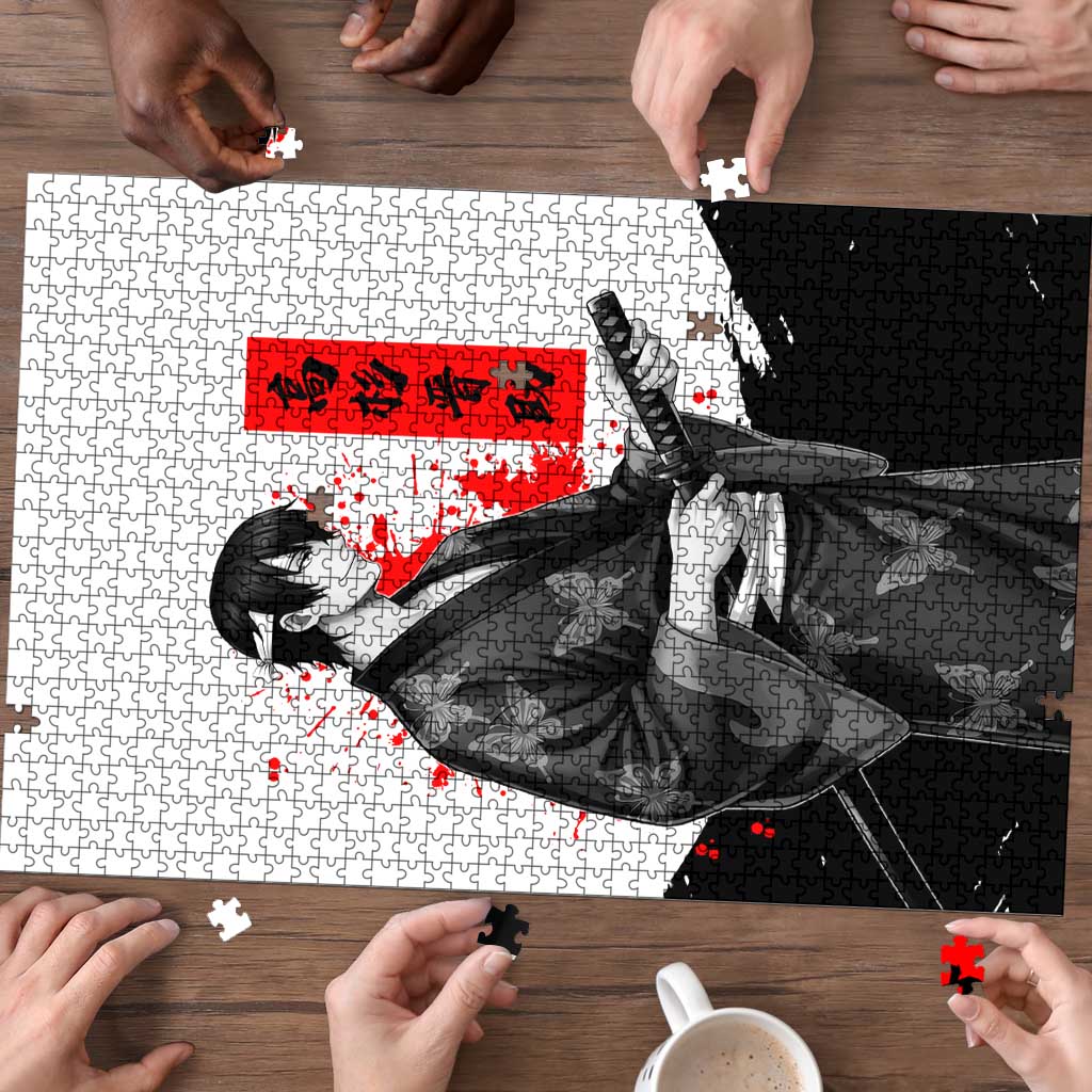 Shinsuke Takasugi Gintama Samurai Design Puzzle with Katana, Red Calligraphy and Oni Mask Art - The Mazicc