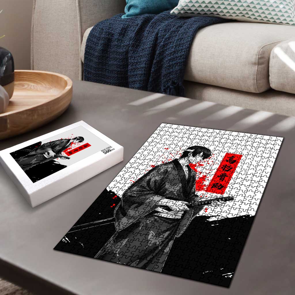 Shinsuke Takasugi Gintama Samurai Design Puzzle with Katana, Red Calligraphy and Oni Mask Art - The Mazicc