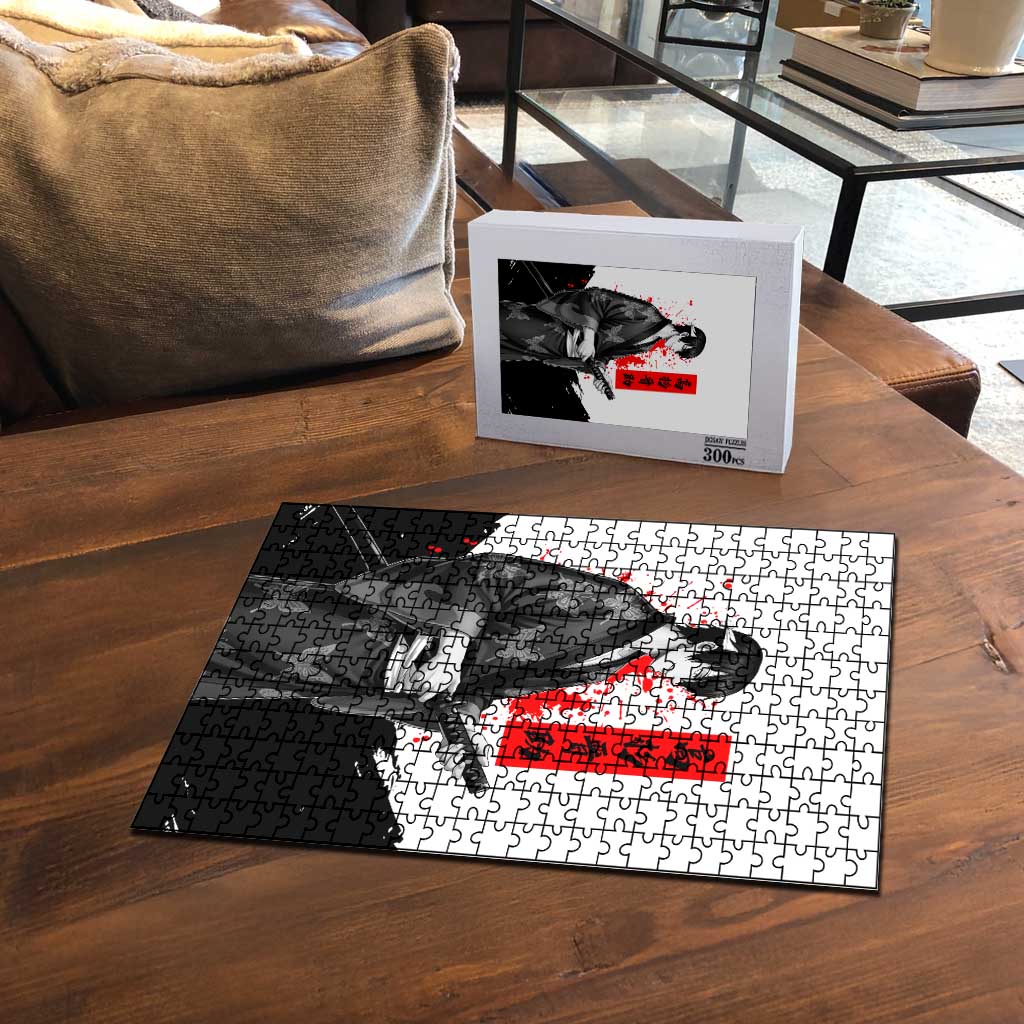 Shinsuke Takasugi Gintama Samurai Design Puzzle with Katana, Red Calligraphy and Oni Mask Art - The Mazicc