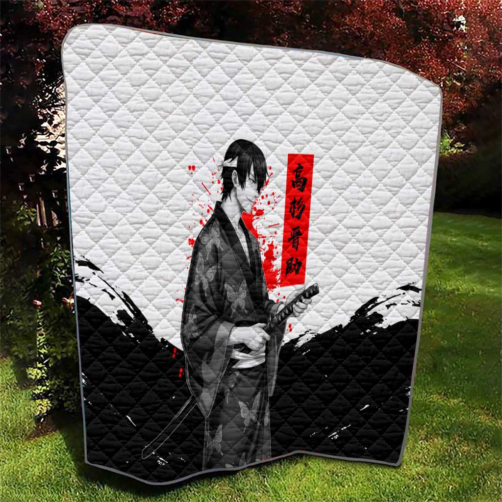 Shinsuke Takasugi Gintama Samurai Design Quilt with Katana, Red Calligraphy and Oni Mask Art - The Mazicc