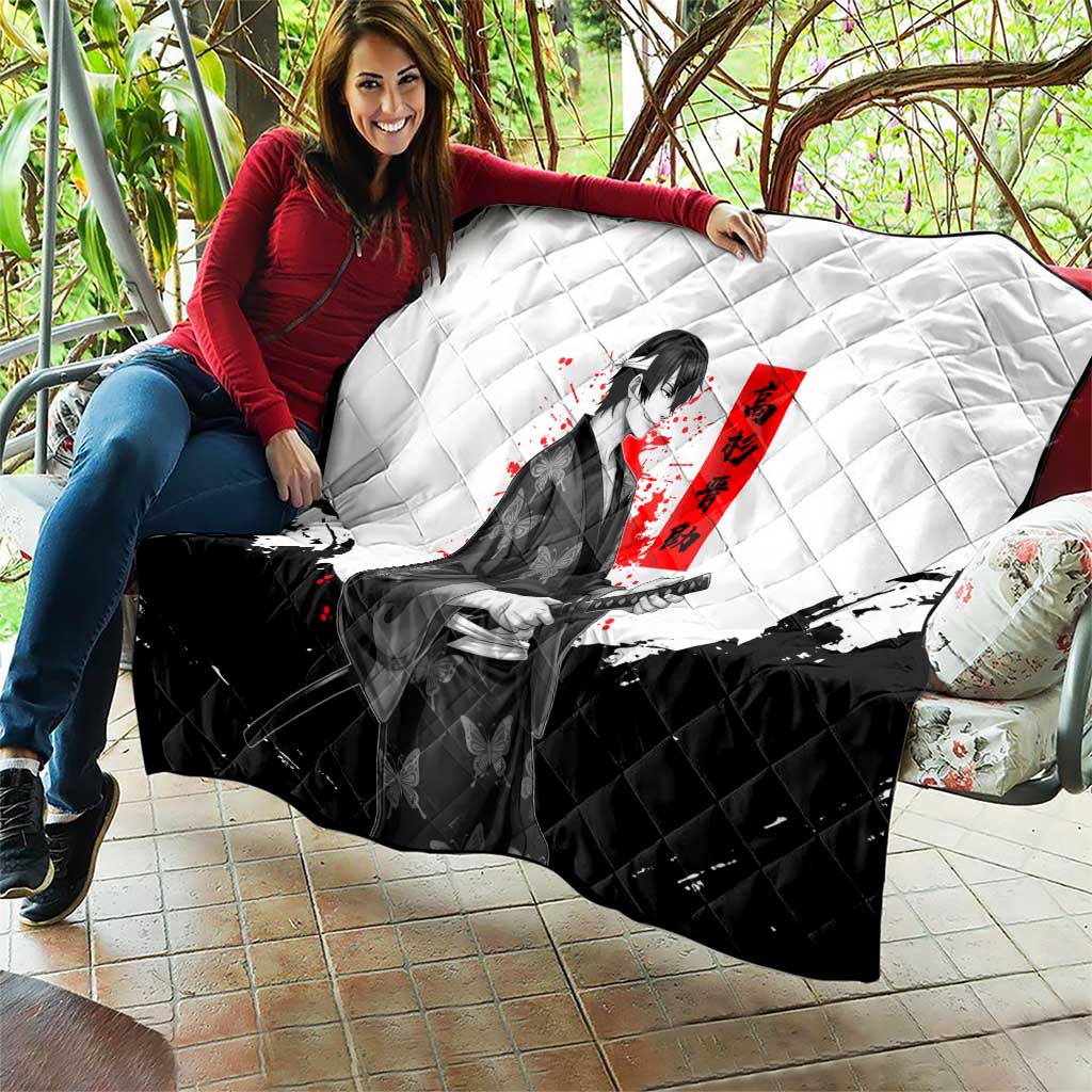 Shinsuke Takasugi Gintama Samurai Design Quilt with Katana, Red Calligraphy and Oni Mask Art - The Mazicc