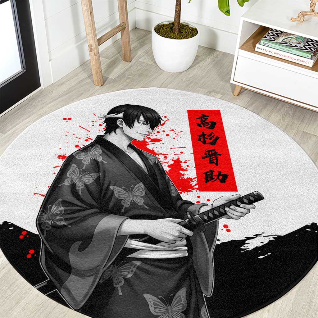 Shinsuke Takasugi Gintama Samurai Design Round Carpet with Katana, Red Calligraphy and Oni Mask Art - The Mazicc