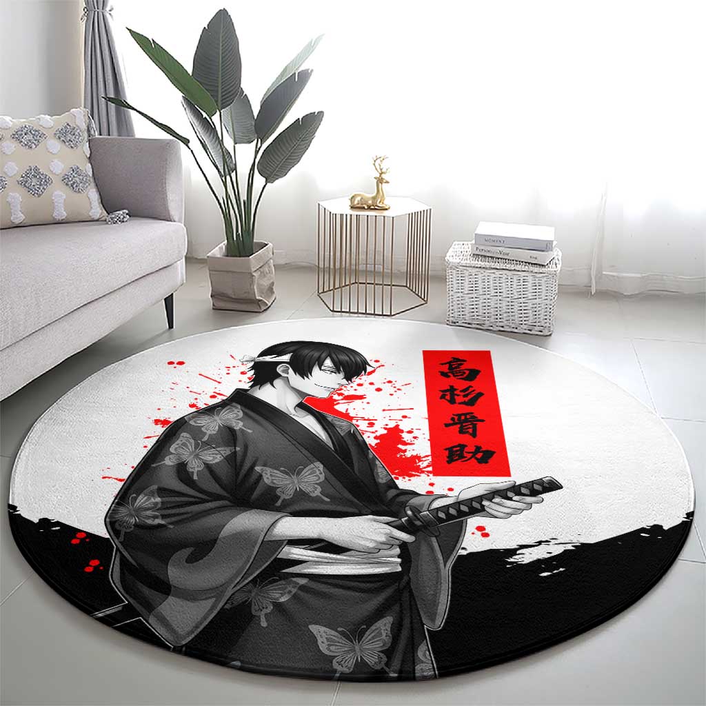 Shinsuke Takasugi Gintama Samurai Design Round Carpet with Katana, Red Calligraphy and Oni Mask Art - The Mazicc